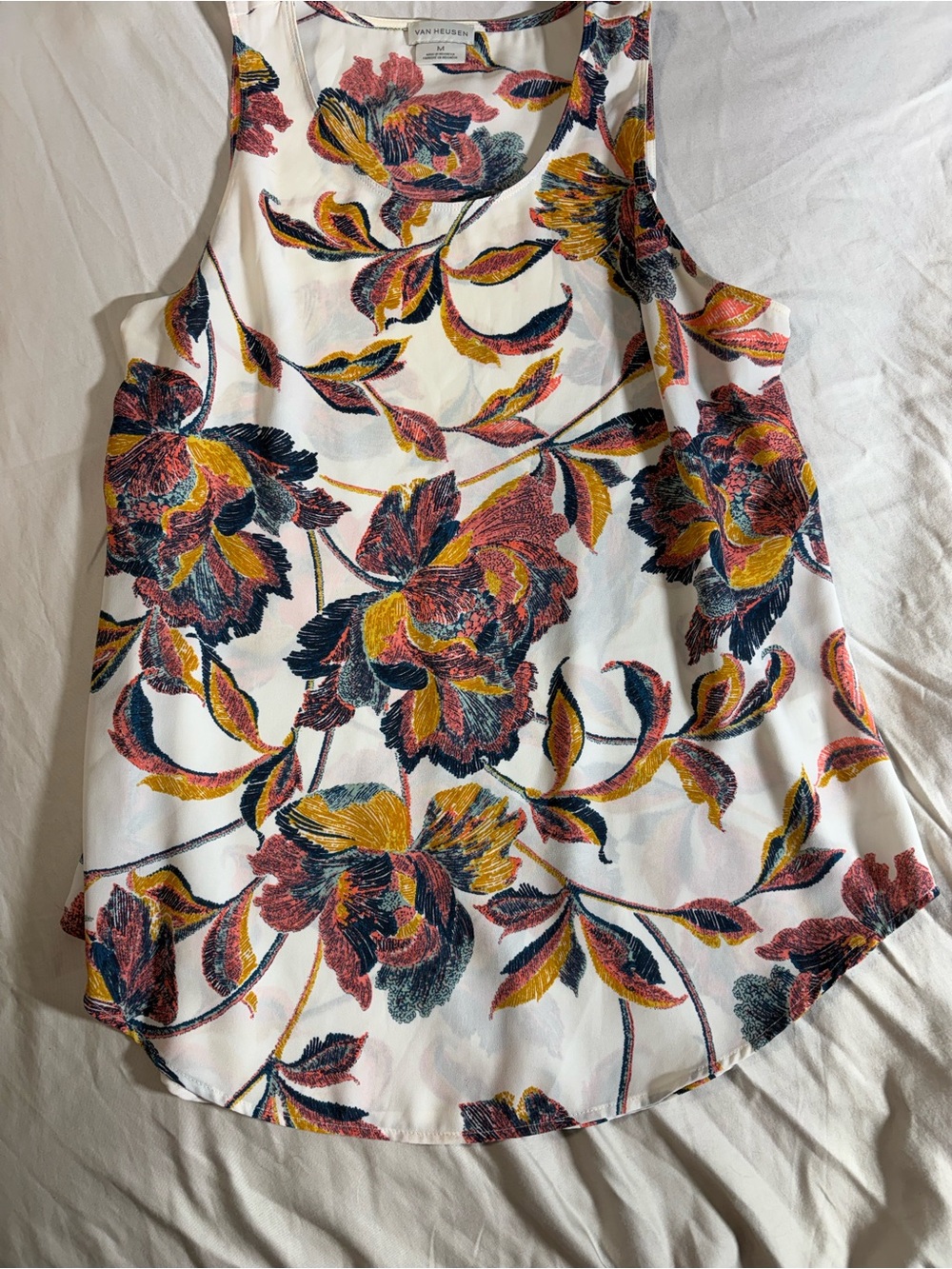 Van Heusen White Floral Embroidered Tank with Pink, Yellow & Navy Accents
